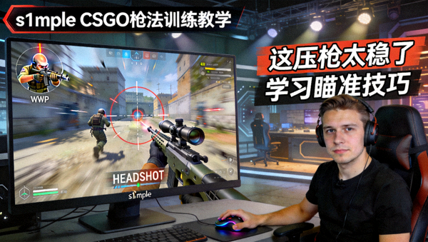 s1mple CSGO枪法训练教学直播画面，展示精准瞄准技巧